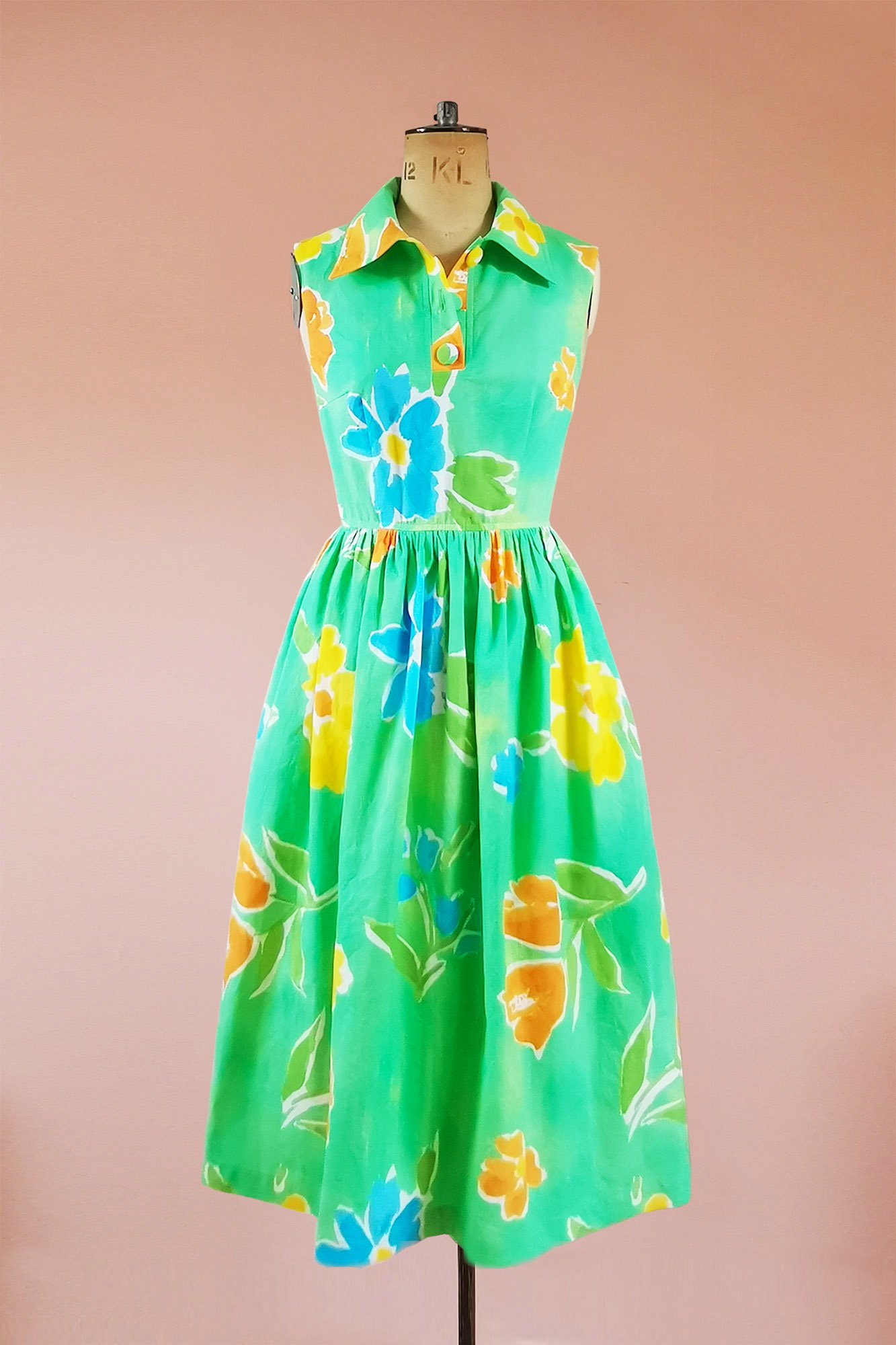 Sustainable 50s Style Summer Dress In Bold Green Floral Print